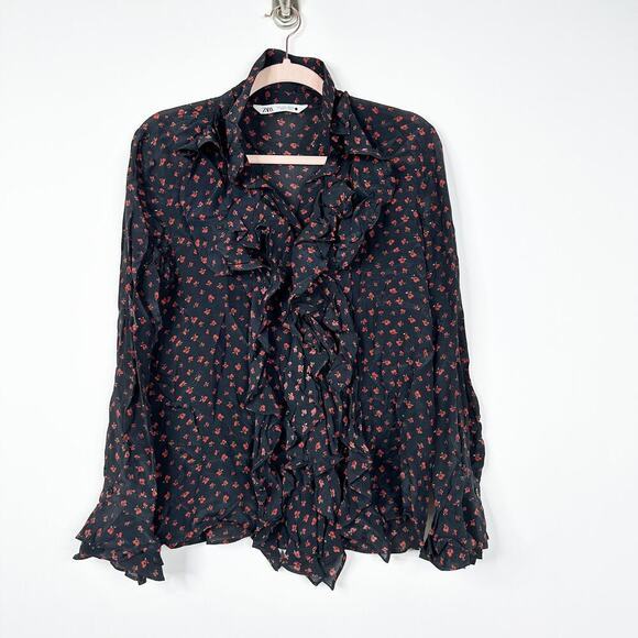 2/$30 ZARA Ruffle Button Down Blouse Rose Print Black Large #8185 - Picture 3 of 10